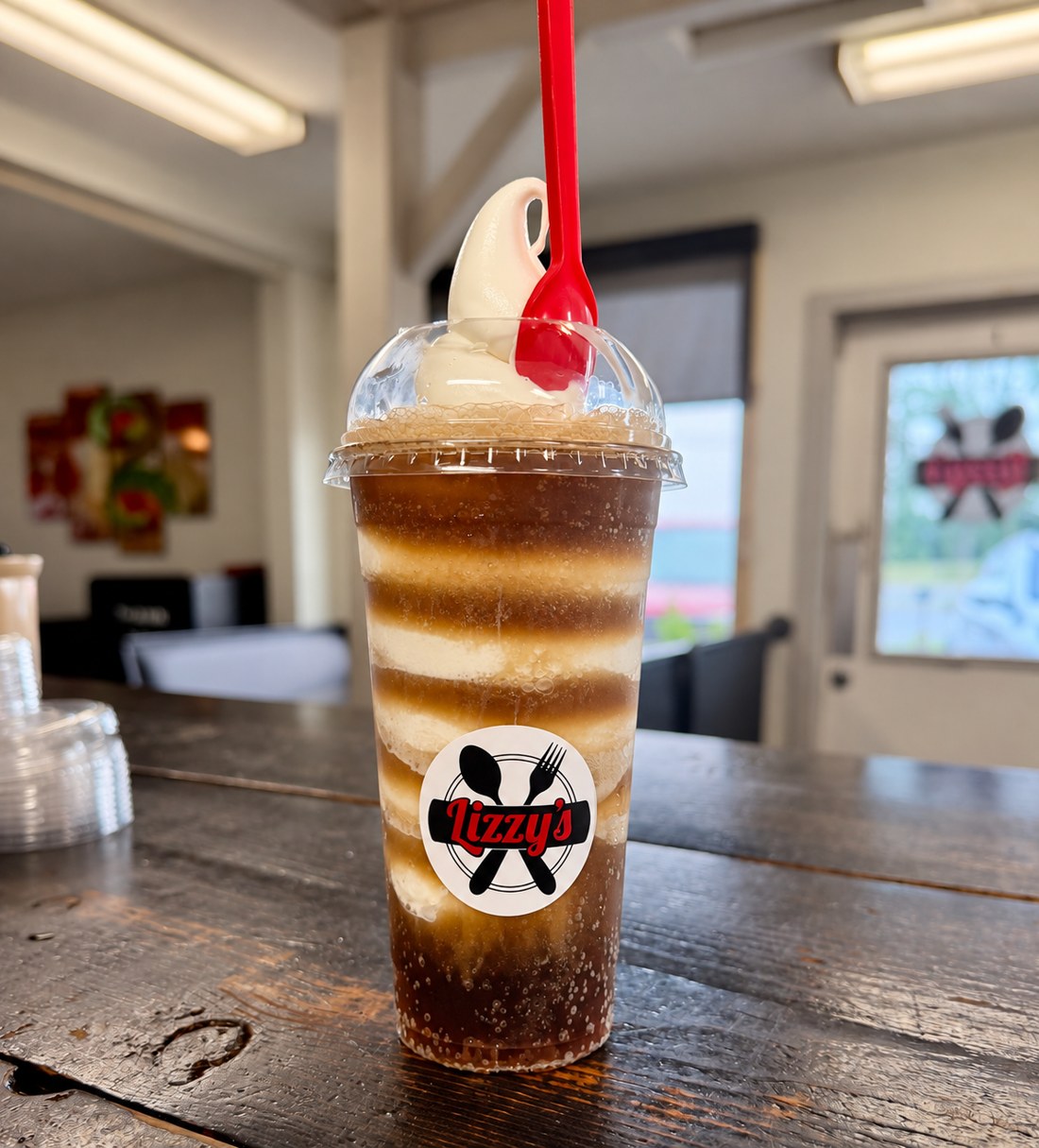 Ice cream float in a Lizzy’s takeaway cup