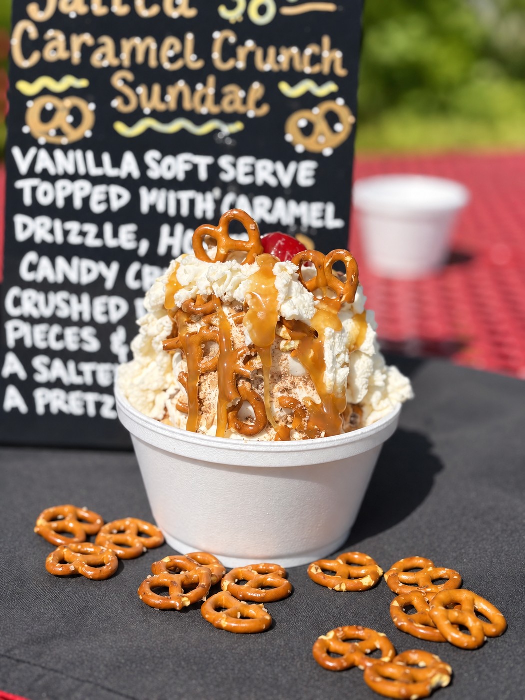 Caramel crunch sundae in a foam bowl