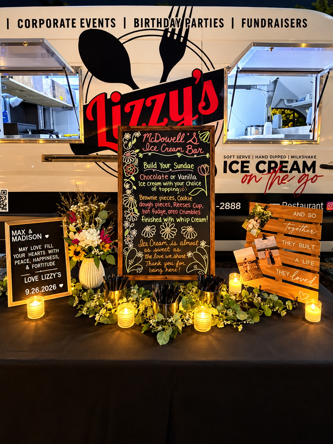 Lizzy’s wedding sundae bar with personalized signs, flowers and candles in Greencastle, PA
