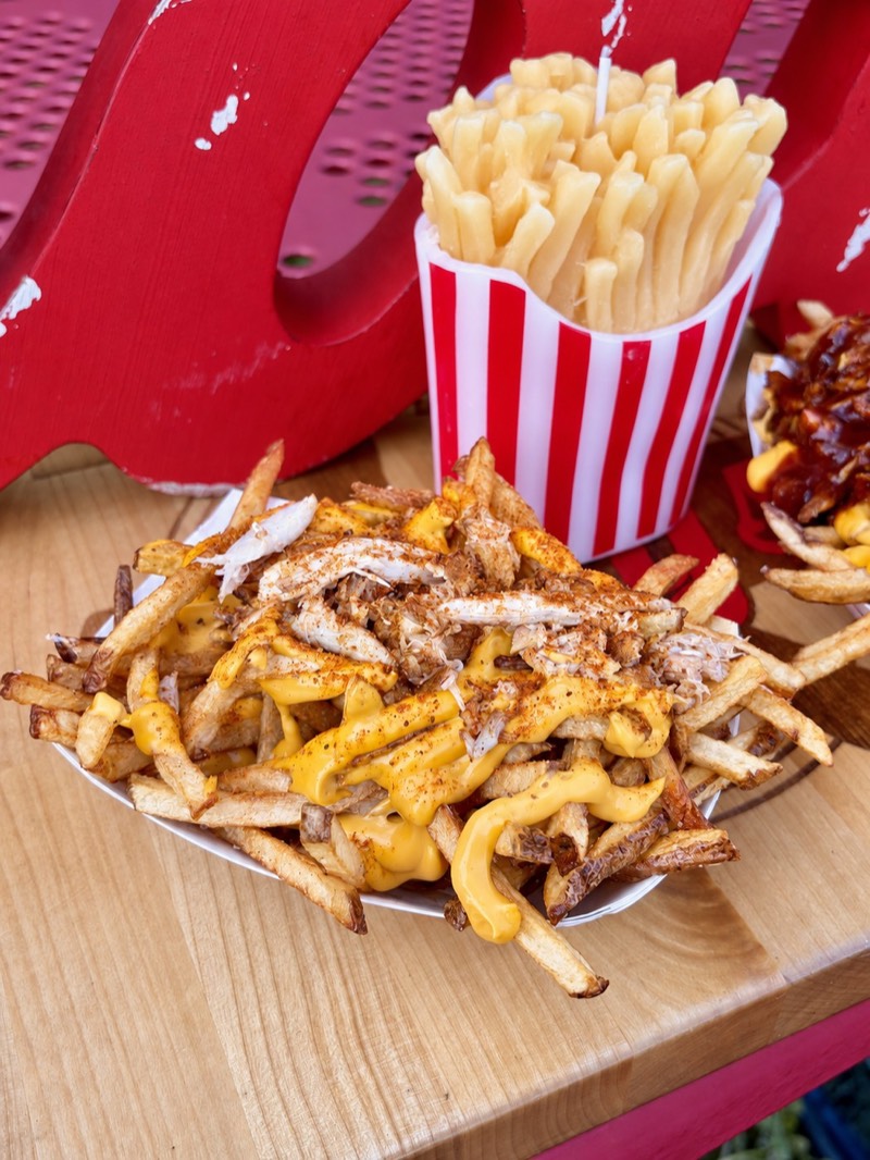 Loaded fries with a cup of fries behind them